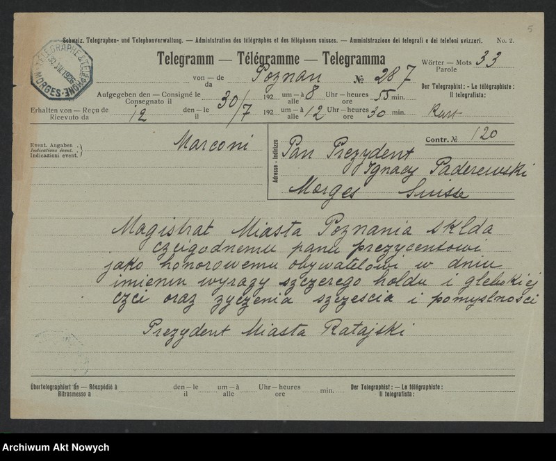 image.from.unit.number "Władze miejskie m. Poznania; Załączniki: a) zaproszenia; b) telegramy C. Ratajskiego (prez. m. Poznania) do E. B. Wilson (żony prez. W. Wilsona) i gen. Pershinga (rękopisy I. Paderewskiego dla C. Ratajskiego); c) telegramy E. B. Wilson, gen. I. Pershing