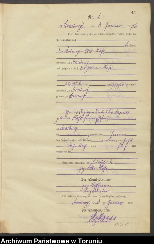 image.from.unit.number "Sterbe-Neben-Register Strasburg , Stadt für das Jahr 1896"