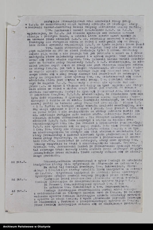 image.from.unit.number "Protokoły zebrań wyborczych i walnych zebrań członków /1951/, posiedzeń plenarnych ,egzekutywy, narad aktywu partyjnego, sprawozdania, ankiety sprawozdawcze /1949-1954/ Komitetu Gminnego PZPR"