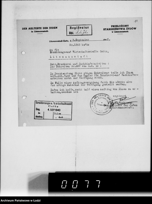 Obraz 15 z jednostki "Akten betr.Correspondenz mit dem Ältesten der Juden.Vom Schreiben Nr.1-1000"