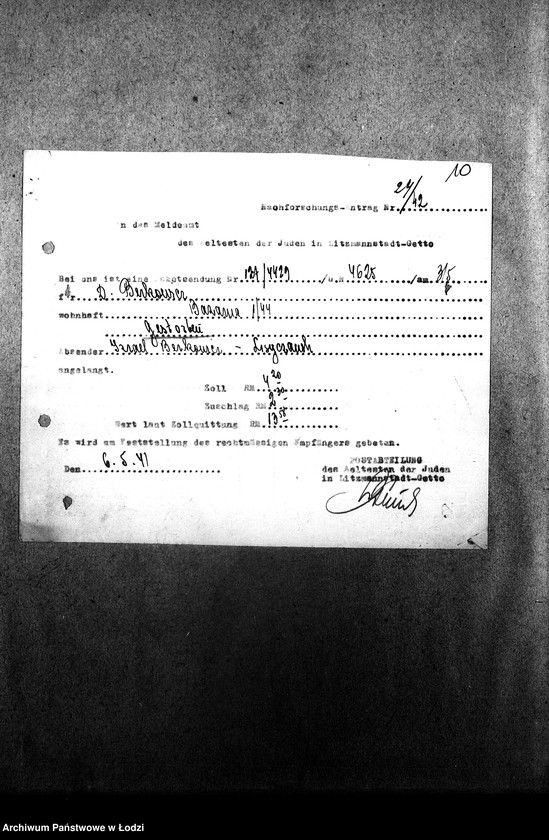 Obraz 13 z jednostki "[Protokoły stwierdzające wydanie przesyłek nadesłanych dla mieszkańców getta]"