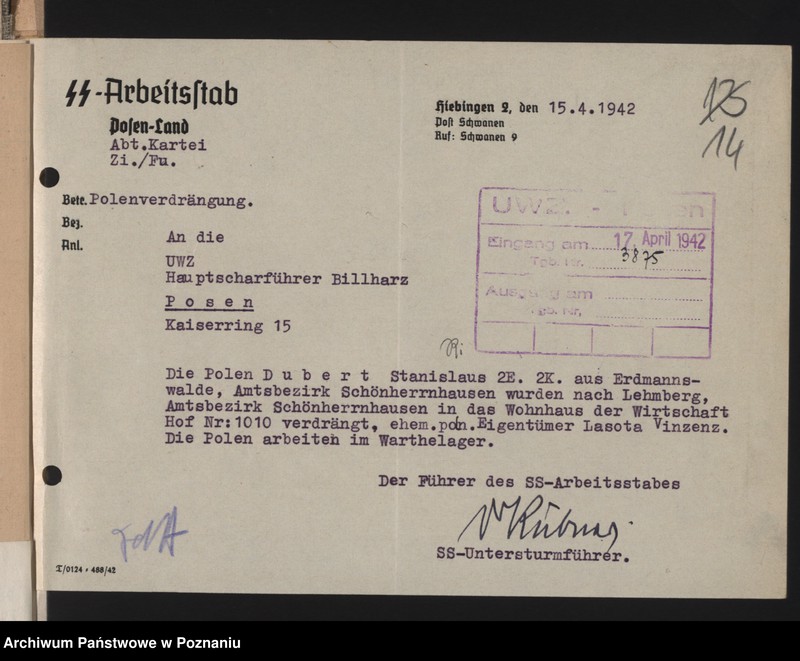 Obraz 17 z jednostki "Umsiedlungsmeldungen der SS - Arbeitsstäbe - Kreis Posen - Land [Powiat - Poznań]"