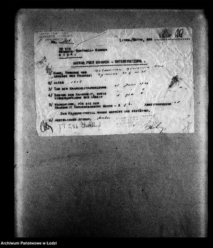 Obraz 13 z jednostki "Schneider-Abteilung, Halbegasse 12 [Zasiłki chorobowe dla pracowników wydziału, listy pracowników, zaświadczenia lekarskie]"