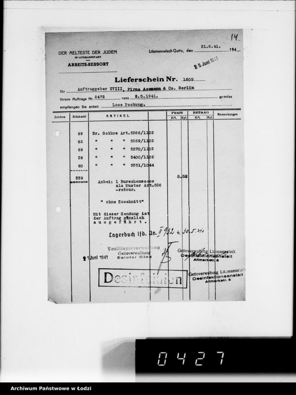 Obraz 18 z jednostki "[Dowody dostawy odzieży dla firmy dla Asmann u.Co.Berlin"