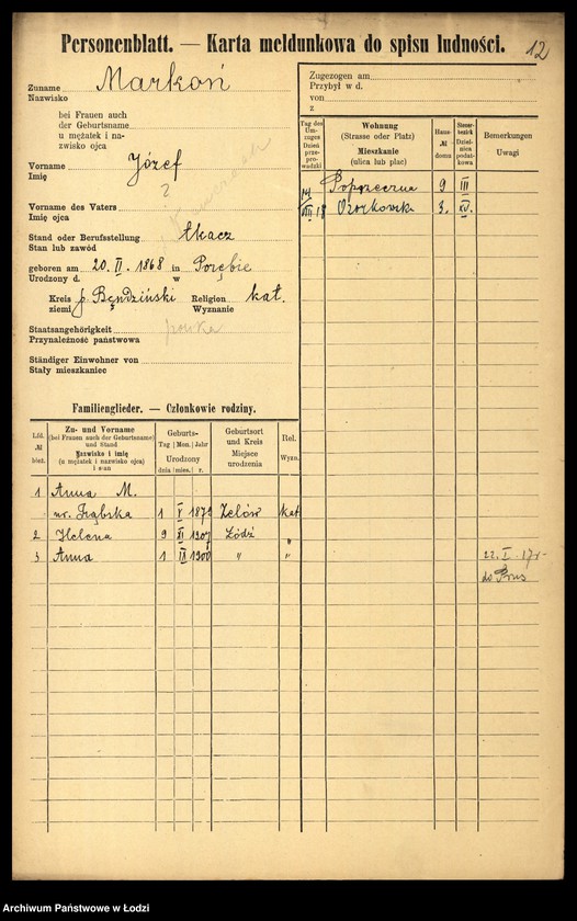 Obraz 14 z jednostki "[Spis ludności Łodzi] Markin - Marosińska"