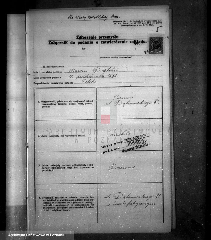 image.from.unit.number "Zatwierdzenie projektu zakładu przemysłowego /fabryki mebli/ nr 432 własność M. Dostatniego w Poznaniu"