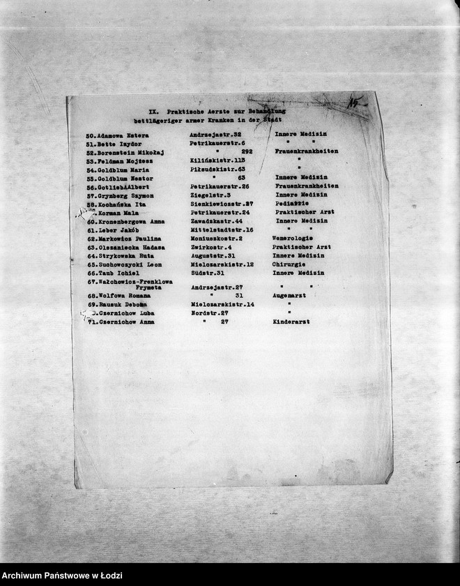 Obraz 18 z jednostki "Zdrowotność [M.in. zarządzenia dotyczące zdrowia ludności, zakładanie szpitali i ambulatoriów, walka z chorobami zakaźnymi, higiena getta, lekarze, inspektorzy sanitarni]"