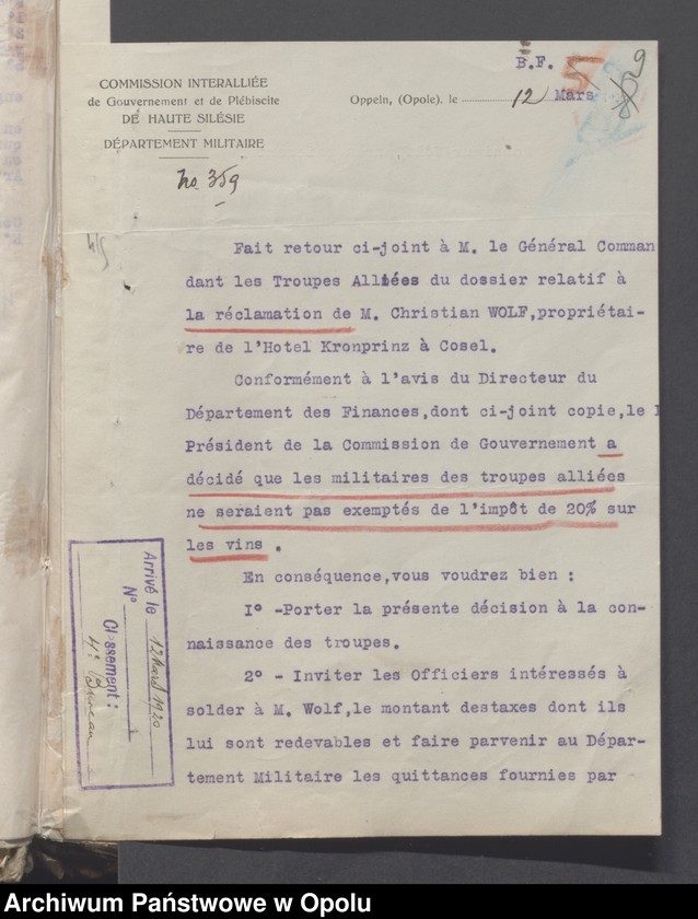 Obraz 10 z jednostki "Reparations civiles-Contentieux /Korespondencja i zarządzenia w sprawie odszkodowań cywilnych - sprawy sporne, wypadki, szkody/ 8.03 - 30.12.1920"