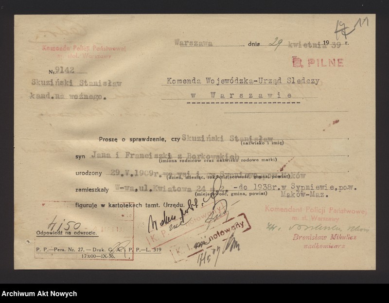 image.from.unit.number "Przyjęcie do służby w Policji Państwowej Stanisława Skuzińskiego. Korespondencja."