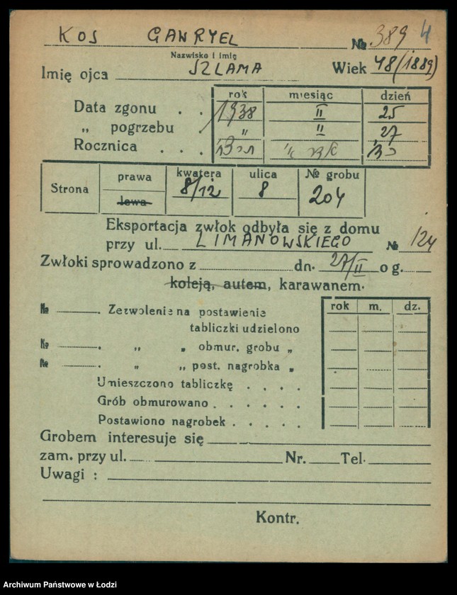 Obraz 5 z jednostki "Kartoteka osób pochowanych na cmentarzu żydowskim przy ulicy Brackiej w latach 1892-1959. Nazwiska na litery: Kos-Kra"