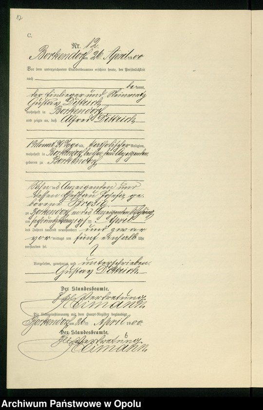 Obraz 16 z jednostki "Sterbe-Neben-Register des Standesamts Borkendorf pro 1900"