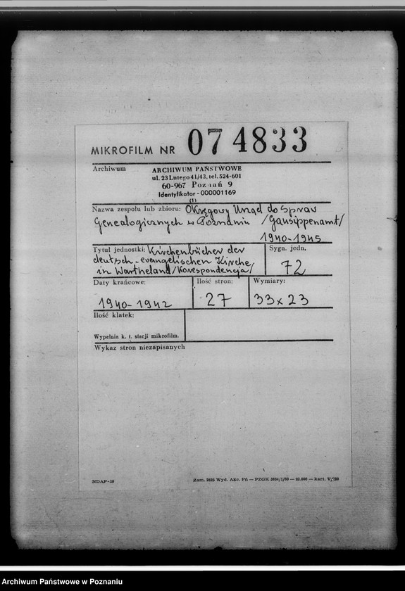 Obraz 2 z jednostki "Kirchenbücher der deutsch-evangelischen Kirche in Wartheland [korespondencja]"