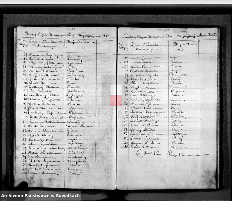 Obraz 19 z jednostki "Księga duplikat aktów urodzenia, małżeństw i zejścia parafii wiejsiejskiej z roku 1855"