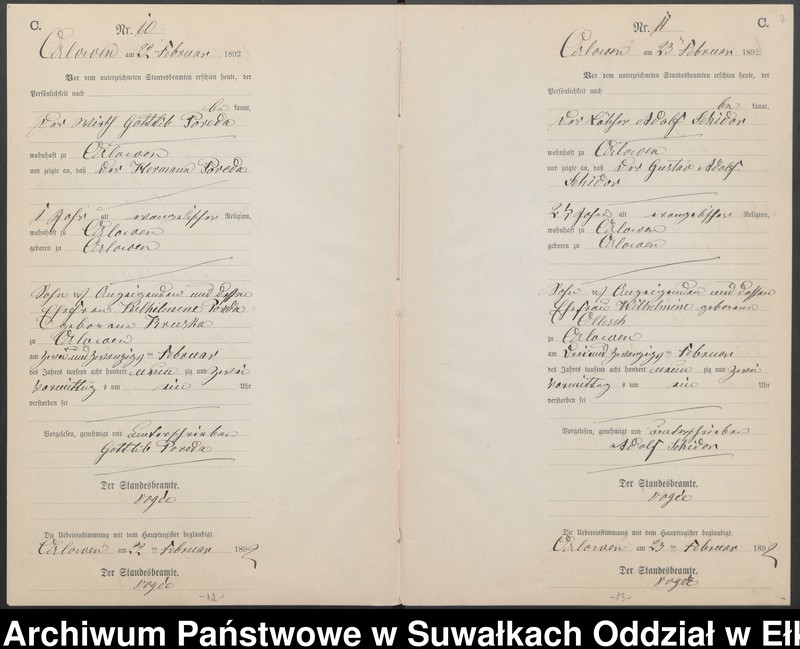 image.from.unit.number "Sterbe-Neben-Register des Preussischen Standes-Amtes Orlowen Kreis Loetzen für das Jahr 1892"