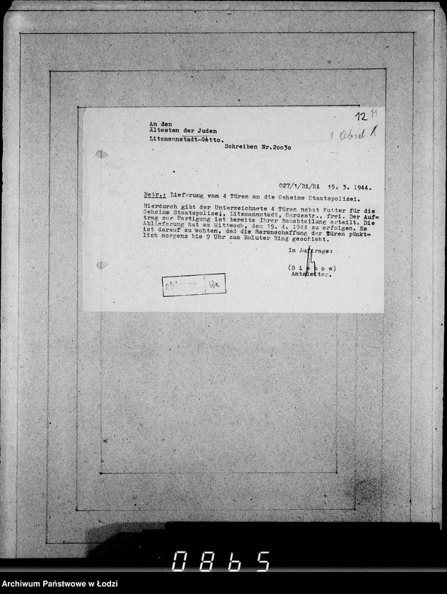 Obraz 16 z jednostki "Juden-Schreiben [Pisma skierowane do Przełożonego Starszeństwa Żydów w Getcie Łódzkim]. Nr.10569-20040"