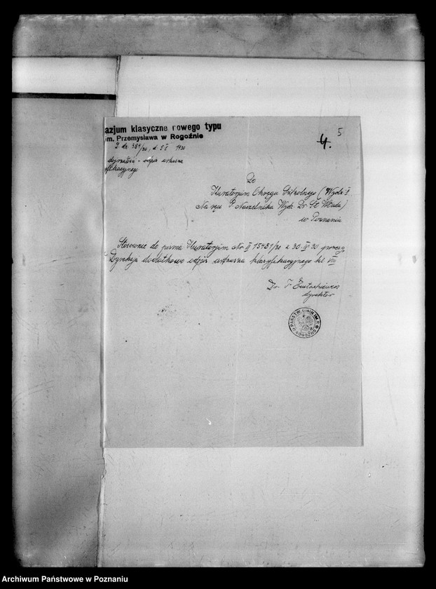 Obraz 9 z jednostki "Państwowe Gimnazjum imienia Przemysława - Rogoźno [protokół z egzaminu dojrzałości] [uczeń Józef Matuszczak wydalony z gimnazjum z Gostynia pod zarzutem agitacji komunistycznej]"