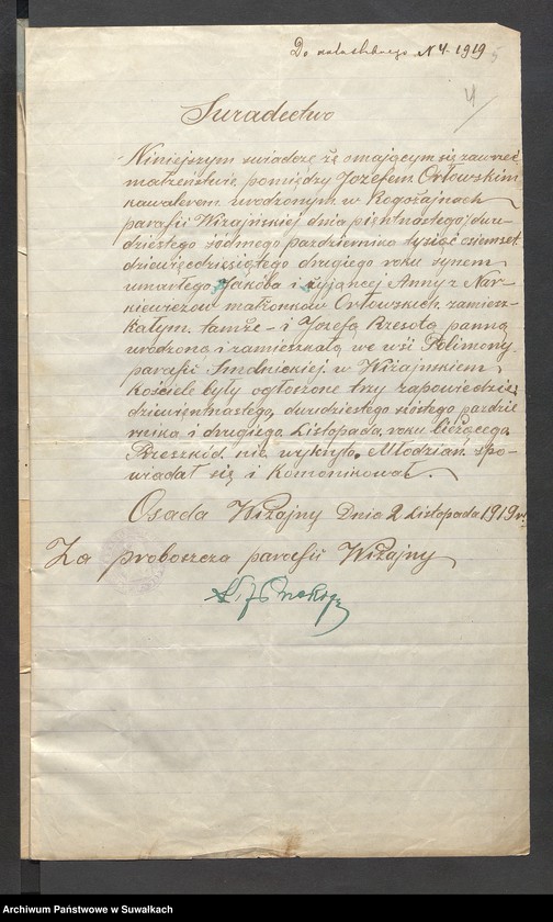 image.from.unit.number "Dokumenta do aktów ślubnych parafji Smolnickiej za 1919 rok"