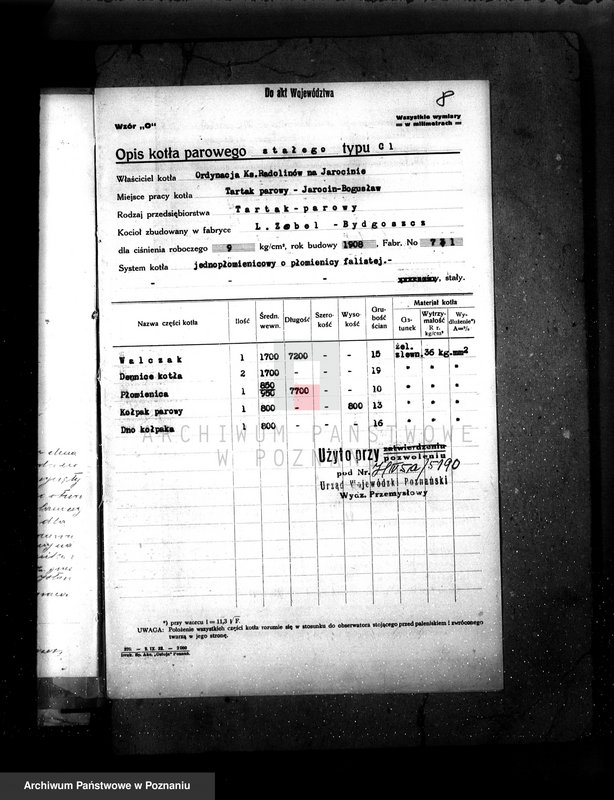 Obraz 12 z jednostki "Młyn parowy w Jarocinie pow. jarociński nr fabr. kotła 892 nr woj. kotła 6431"