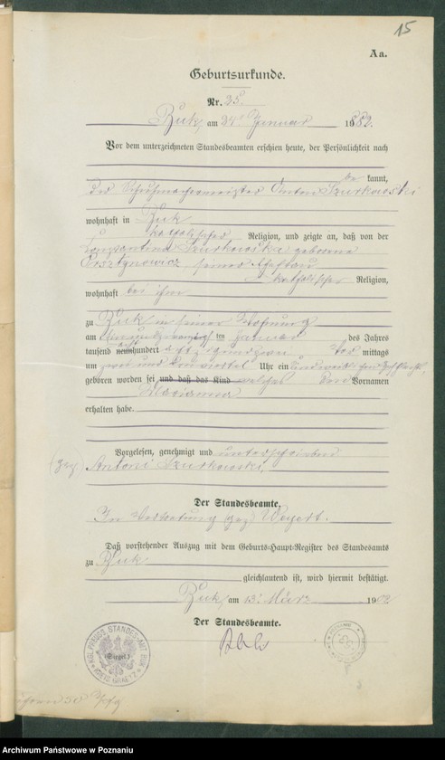 Obraz 17 z jednostki "[Dokumenty dostarczone przez narzeczonych do zawarcia związku małżeńskiego za 1902 rok. Tom V]"