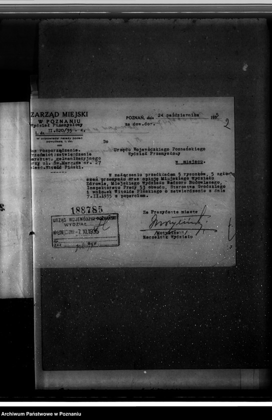 Obraz 5 z jednostki "Zatwierdzenie zakładu przemysłowego /warsztatu galwanizacyjnego/ W. Pińskiego w Poznaniu"