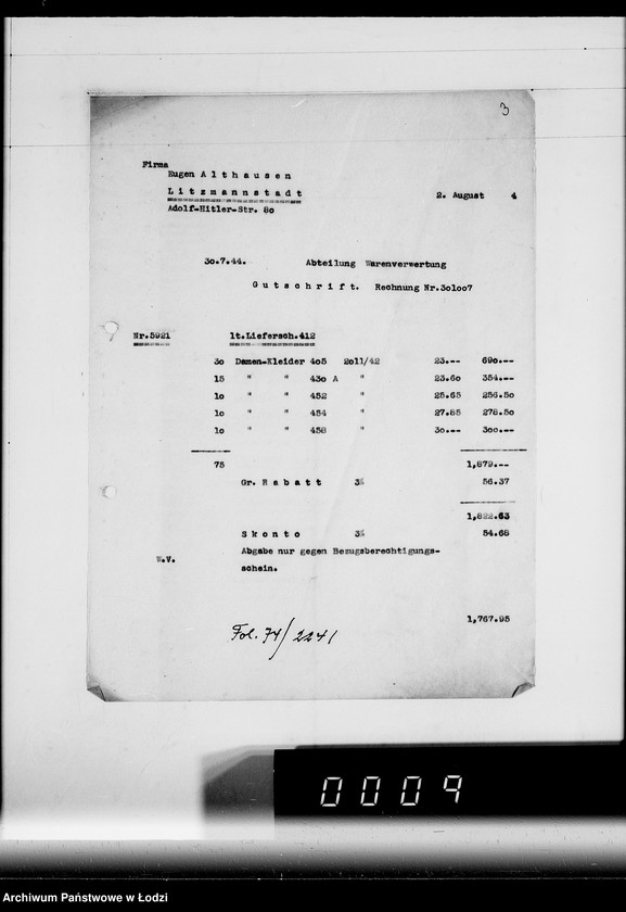 Obraz 7 z jednostki "Ausgehende Rechnungen [za dostawy towarów dla Getta]"