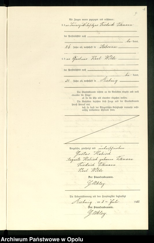 Obraz 12 z jednostki "Heiraths-Neben-Register Standes-Amt Riebnig 1903"