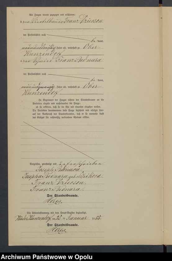 Obraz 8 z jednostki "Heiraths-Neben-Register Standesamts Kunzendorf pro 1885"