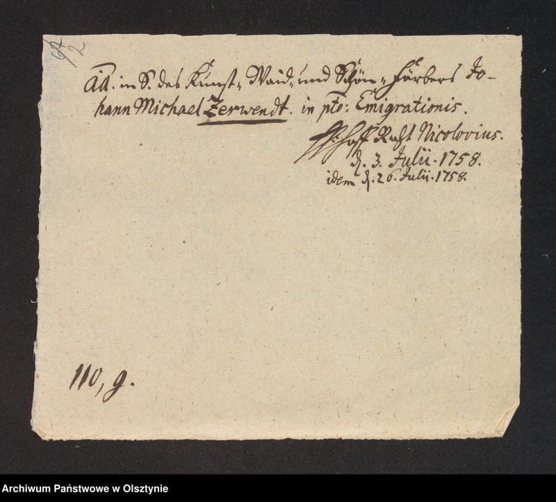 image.from.unit.number "In S. [Sachen] des Kunst=Waid und Schön=Färbers Johann Michael Zerwendt in pto: Emigrantionis"