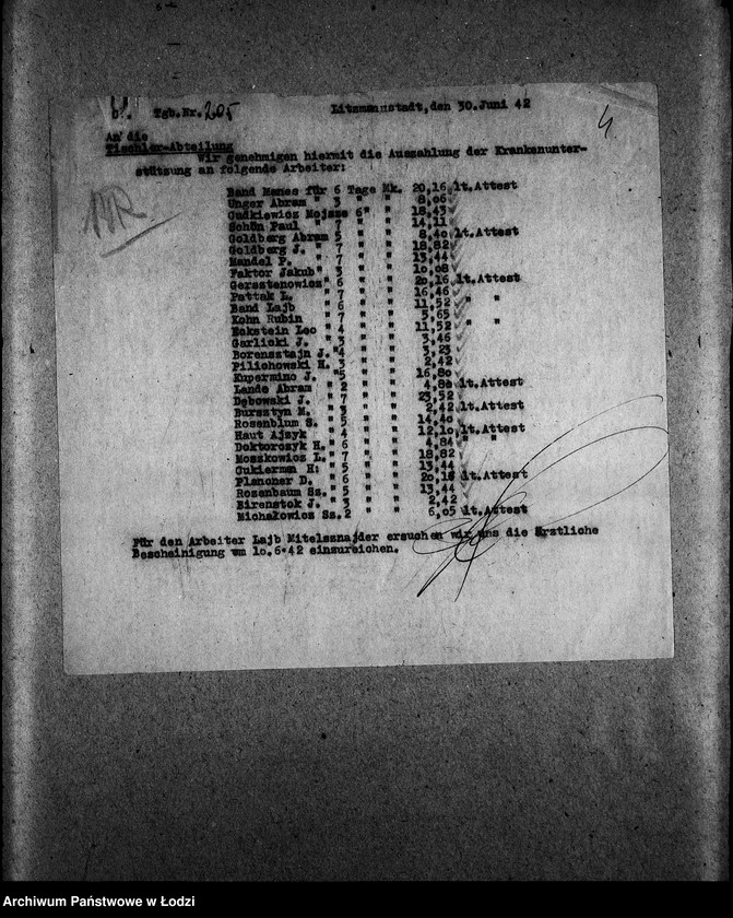 Obraz 7 z jednostki "Tischler-Abteilung [Zasiłki chorobowe dla pracowników wydziału, listy pracowników, zaświadczenia lekarskie]"