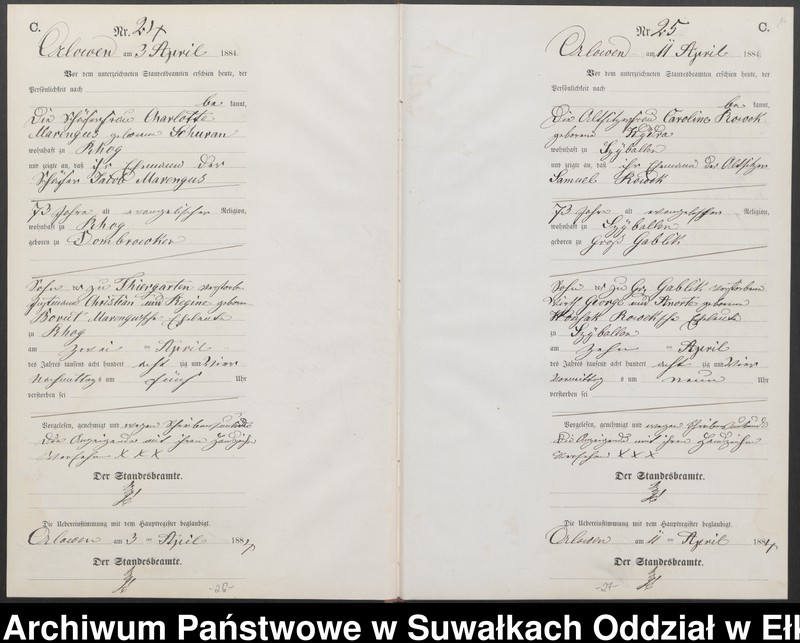 image.from.unit.number "Sterbe-Neben-Register des Preussischen Standes-Amtes Orlowen Kreis Loetzen für das Jahr 1884"