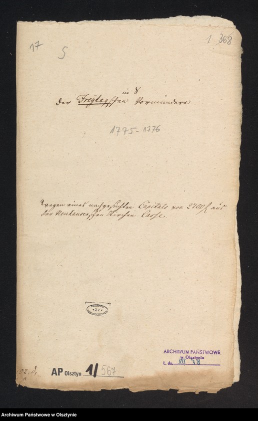 image.from.unit.number "In S. [Sachen] der Freytagschen Vormündern. Wegen eines nachgesuchten Capitals von 2700 f aus der Neuhausenschen Kirchen Caße"