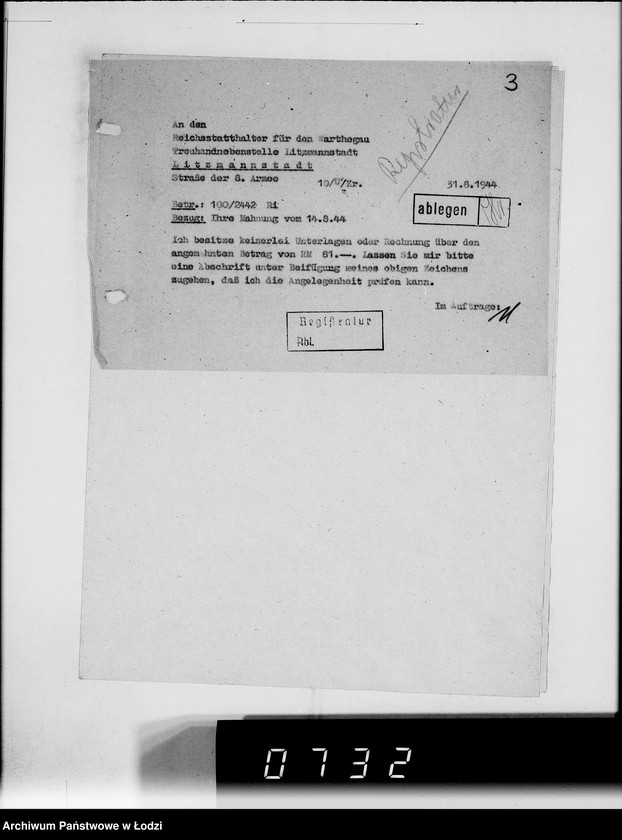 Obraz 8 z jednostki "Hauptreühandstelle Ost.[Korespondencja w sprawach majątkowych, podatkowych i należności finansowch]"