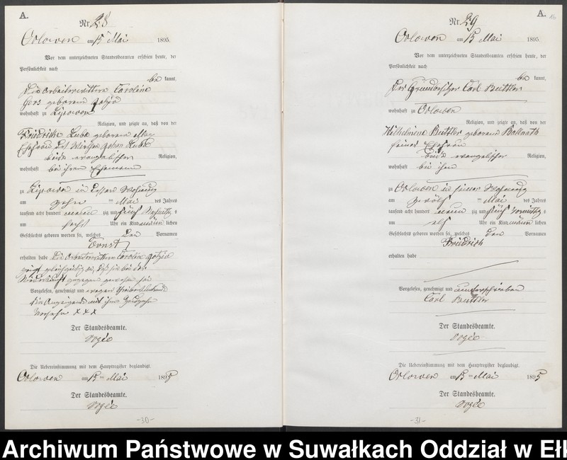 image.from.unit.number "Geburts-Neben-Register des Preussischen Standes-Amtes Orlowen Kreis Loetzen für das Jahr 1895"