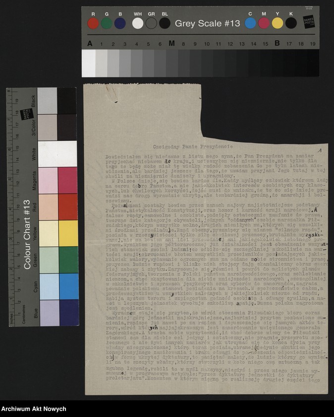 image.from.unit.number "N.N.; Dotyczy sytuacji w Polsce po zamachu majowym, dyktatorskich form rządzenia, roli Sejmu, ocena partii ND, Chd, "Piasta"; brak początku i zakończenia; L.1"