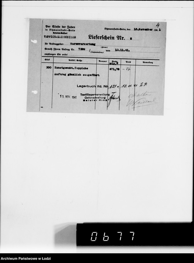 Obraz 8 z jednostki "F-ma St.Weilbach Litzmannstadt II Warenverwertung an den Juden Ältesten. 300 Stck.Teppiche"