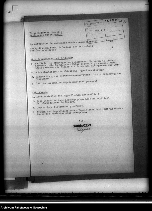 image.from.unit.number "Sprawozdania dzienne z działalności Wydziału Aprowizacyjnego niemieckiego Zarządu Miejskiego w Szczecinie m-c VI-VII.  Zeznania ludności cywilnej o napadach rabunkowych dokonanych przez Rosjan"