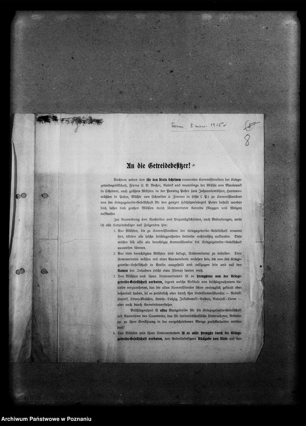 image.from.unit.number "Afisze, druki, odezwy, wycinki prasowe związane z wybuchem wojny i jej przebiegiem, między innymi telegramy: o mobilizacjiz 2 sierpnia 1914 roku i rekwirowaniu pojazdów oraz rozkład jazdy pociągów specjalnych w związku z mobilizacją [język niemiecki.]"