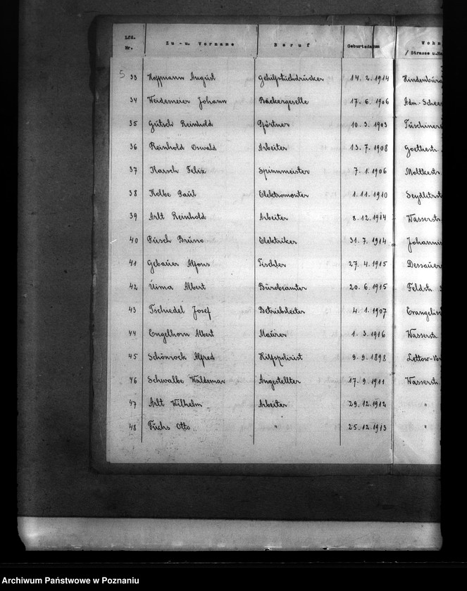 Obraz 9 z jednostki "Stadt Pabianice. Verzeichnis der registvierten Volksdentschen die wälerend der deutsch - polnischen krieges zum polnischen Heereschinst eingezogen bezw. verhaftet, interniert oder verschleppt waren"