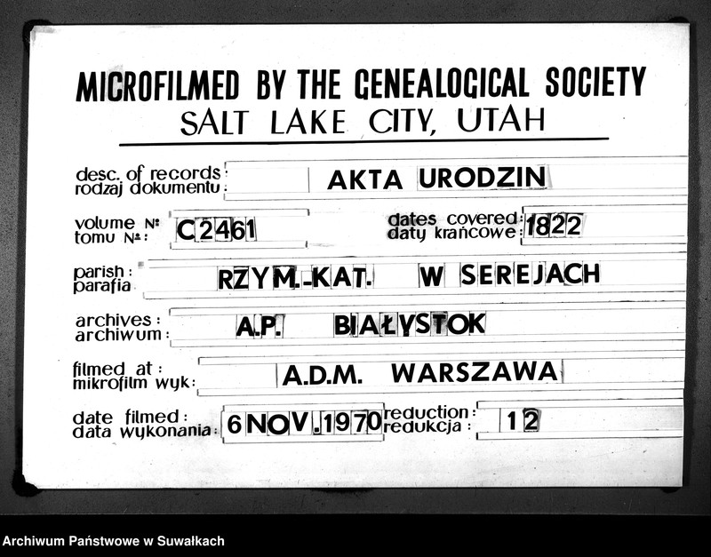 image.from.unit.number "Akta urzędnika stanu cywilnego gminy i parafij sereyskiey urodzonych od dnia 1-go stycznia 1822 do ostatniego miesiąca grudnia r.b. w Serejach"