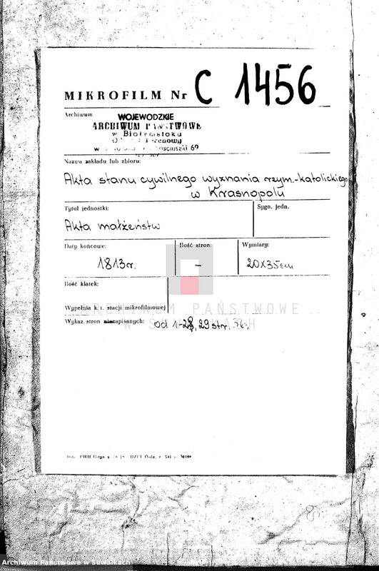 image.from.unit.number "Akta Cywilne Małżeństwa Gminy Krasnopolskiey Pttu Seyneńskiego Deptu Łomżyńskiego 1813 R."