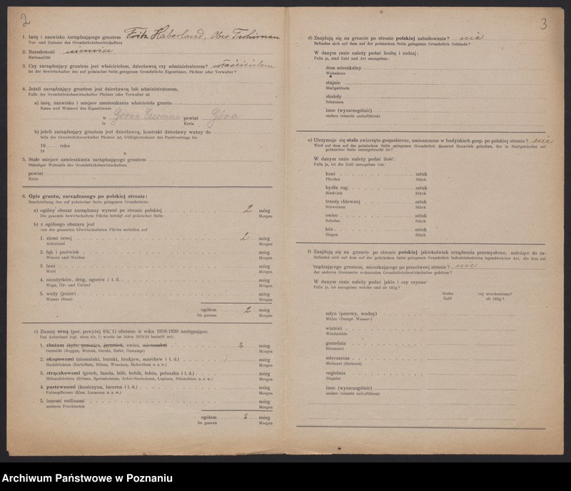 Obraz 4 z jednostki "[Kwestionariusze dotyczące stwierdzenia gruntów znajdujących się po polskiej stronie pogranicza a zarządzanych przez zamieszkałych po stronie niemieckiej] powiat leszczyński"