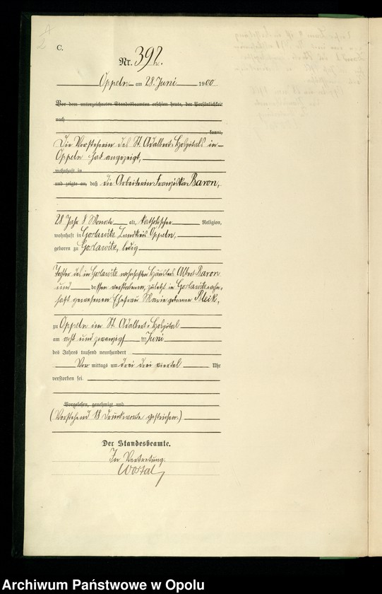 Obraz 5 z jednostki "Urząd Stanu Cywilnego w Opolu 1900 Rejestr zgonów Księga Miejscowa Nr 392 do 807"