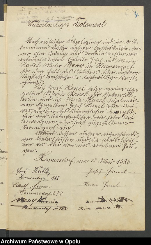 image.from.unit.number "Verfügung von Todes wegen des Kunstmalers Josef Hanel und seiner Ehefrau Maria geb.[orene] Westermayer in Wiese grfl zuletzt wohnhaft in Wiese grfl Haus No 11"