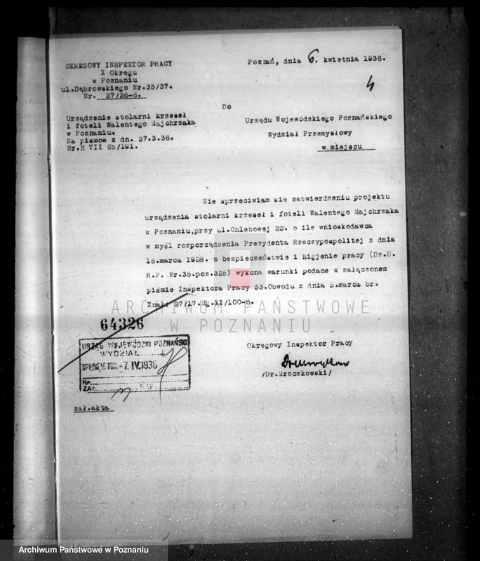 Obraz 8 z jednostki "Zatwierdzenie zakładu przemysłowego /fabryki krzeseł i foteli / W. Majchrzaka w Poznaniu"