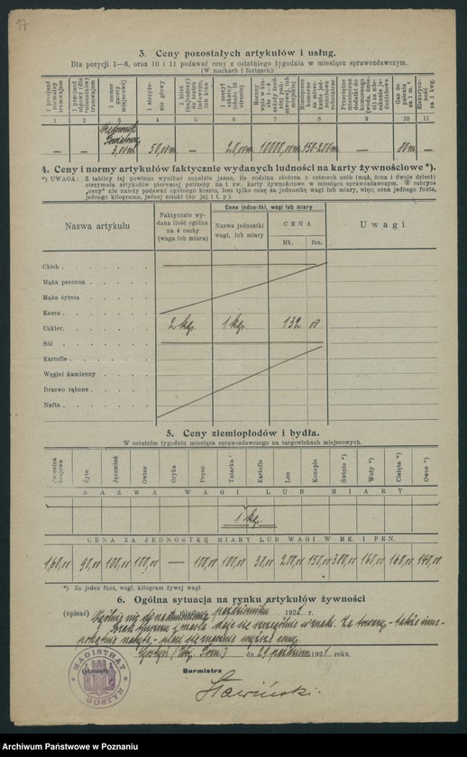 Obraz 15 z jednostki "[Wykazy cen rynkowych artykułów spożywczych w poszczególnych miastach Województwa Poznańskiego za miesiąc październik 1921 roku]"