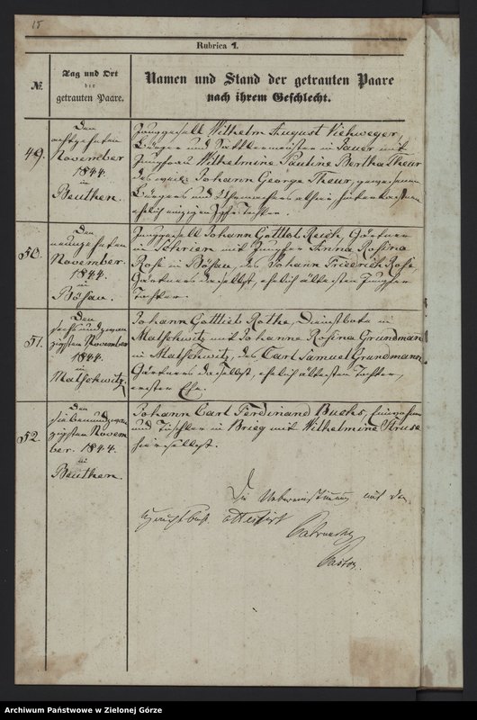 Obraz 19 z jednostki "Duplicat-Trauungsregister Jahrgang 1844 evangel[ischen] Kirche zu Beuthen"