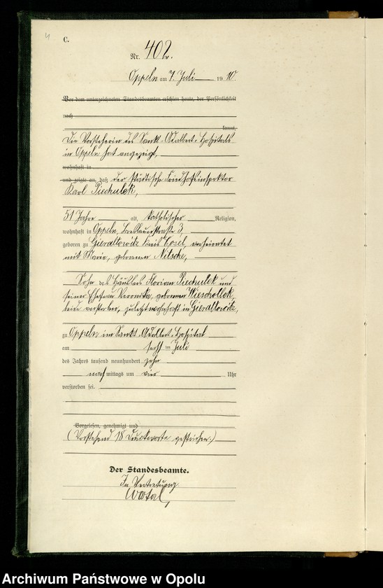 Obraz 7 z jednostki "Urząd stanu Cywilnego w Opolu 1910 Rejestr Zgonów Księga Miejscowa Nr 400 do 769"