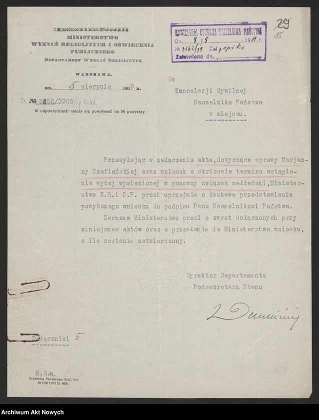 image.from.unit.number "Skrócenie 10 miesięcznego terminu zakazu wstąpienia w ponowne związki małżeńskie. Reskrypty Naczelnika Państwa, wnioski, korespondencja z Min. Wyznań Religijnych i Oświecenia Publicznego"