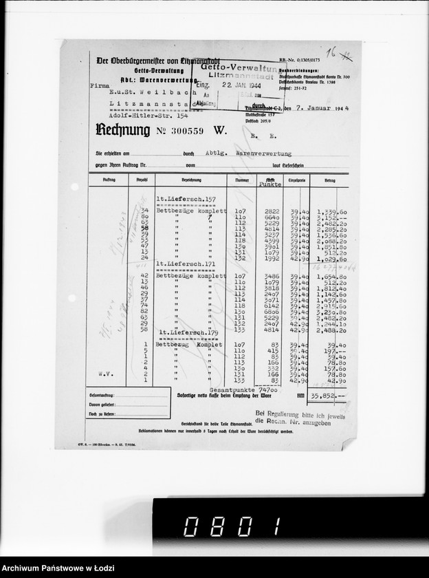 Obraz 20 z jednostki "F-ma St.Weilbach Litzmannstadt V Warenverwertung an den Juden Ältesten. Kinder-Kleider, Teppiche, Brücken"
