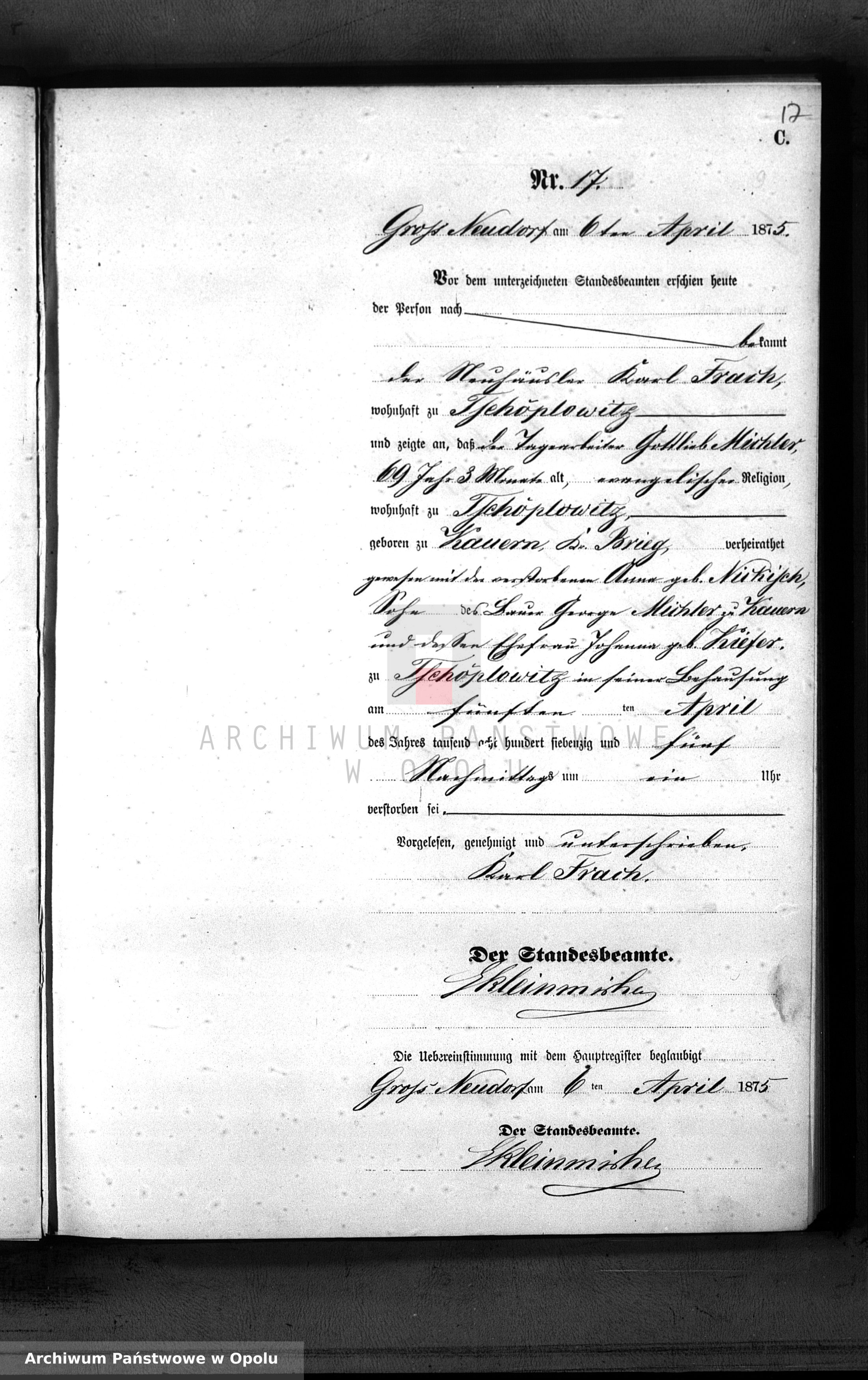 Skan z jednostki: Sterbe-Neben-Register Standesamt Gross Neudorf 1875